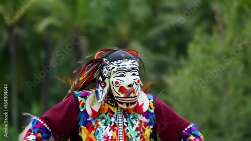 A vibrant, colorful mask dance performance