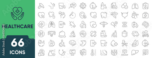 Healthcare and medicine icon set in linear style. Collection of 66 outline icons representing medical services, treatment, hospital, pharmacy, and wellness. Editable stroke.