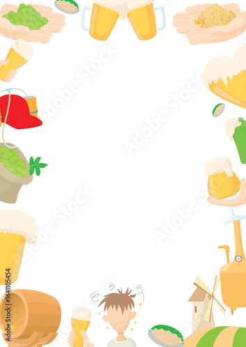 Cartoon style oktoberfest frame featuring various beer related elements, including hops, glasses, brewery equipment, and a drunk man