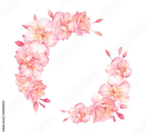 Oleander branches with pastel pink flowers and buds hand drawn watercolor illustration wreath isolated on white background. Beautiful elegant floral round template for wedding, holiday cards designs
