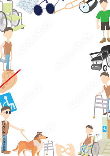 Cartoon style border illustrating various disabilities, assistive devices, and mobility aids promoting inclusivity and accessibility