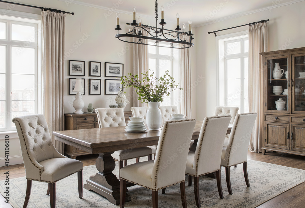 Fototapeta premium A grand and elegant traditional dining room featuring a large wood table, comfortable upholstered chairs, and a beautiful gallery wall for a sophisticated atmosphere. 