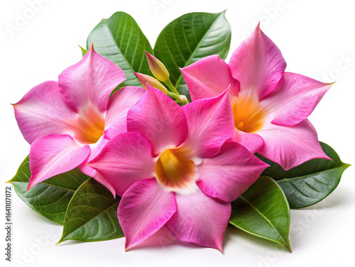 Elegant still life featuring pink Mandevilla flowers surrounded by vibrant green leaves