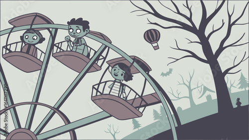 Cartoonish depiction of a zombie lifeguard standing by a pool under a stormy sky holding a life preserver