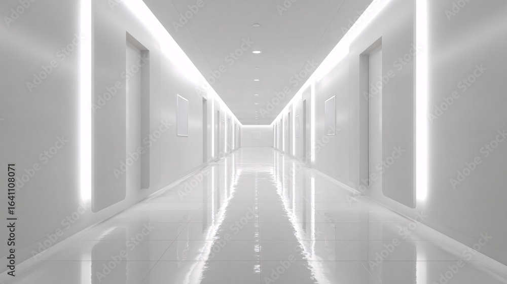 Obraz premium Wide bright minimalist hallway featuring clean white walls, subtle glowing lines, and seamless floor reflections.