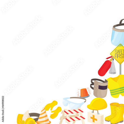 Cartoon style work safety equipment borders a white background, emphasizing the importance of workplace safety