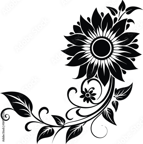 Vector art of stylized black sunflower with swirling leaves and vine, isolated on white background