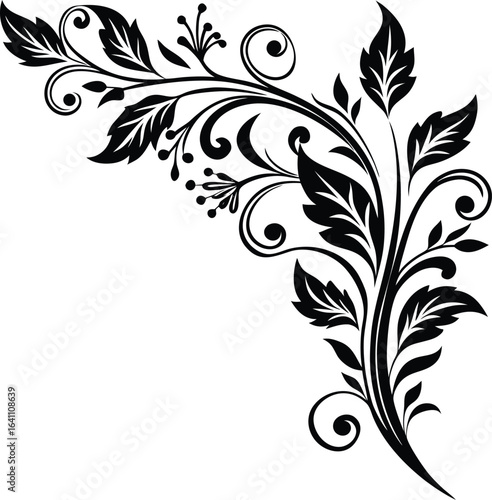 Vector art of stylized black floral scrollwork with delicate leaves and swirling tendrils, isolated on a white background