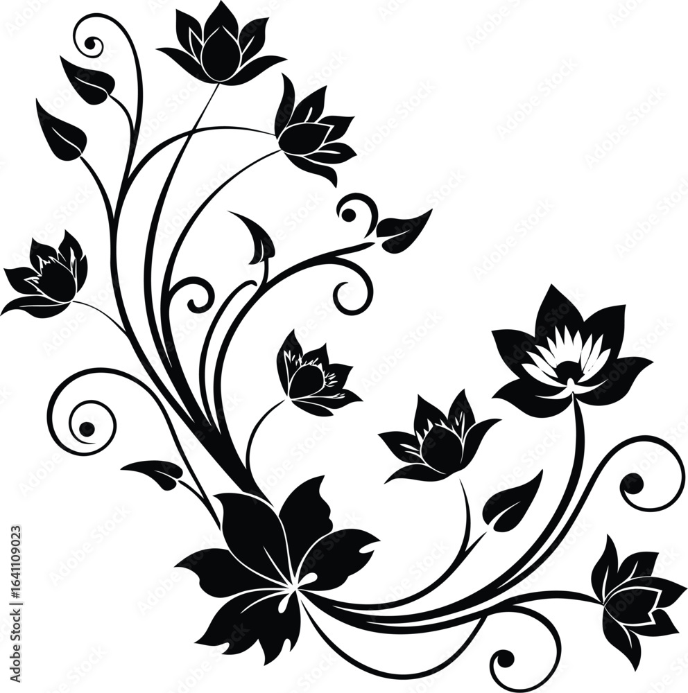 Vector art of artistic black floral motif with blooming lotus flowers and decorative swirls, isolated on a white background Vector art of artistic black floral motif with blooming lotus flowers and decorative swirls, isolated on a white background