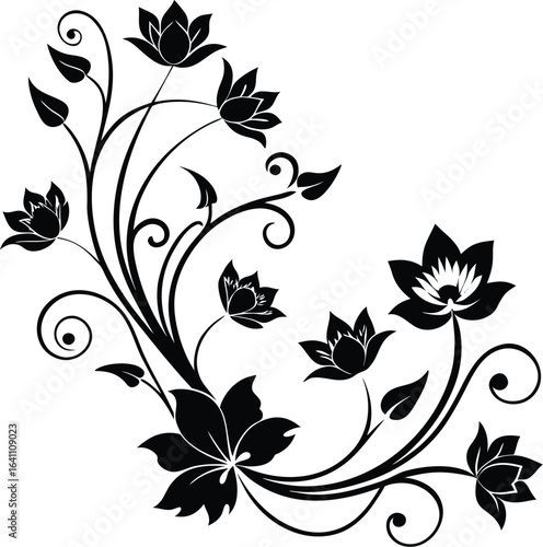 Vector art of artistic black floral motif with blooming lotus flowers and decorative swirls, isolated on a white background