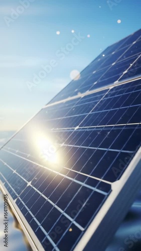 Pristine, ultra-modern photovoltaic solar panel with sleek dark blue cells, reflecting a clear sky and bathed in golden hour light, animating energy lines on a minimalist surface, showcasing clean