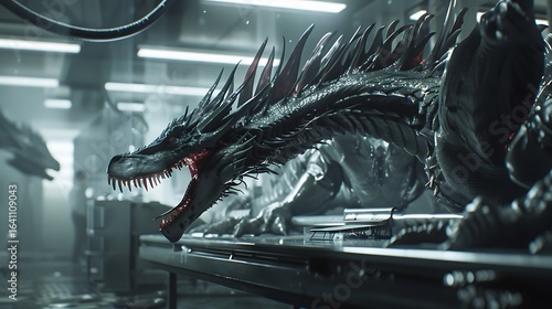 A laboratory scene showing a massive dragon restrained in a high-tech containment chamber, scientists using advanced bioengineering equipment to modify its DNA strands displayed on holographic screen