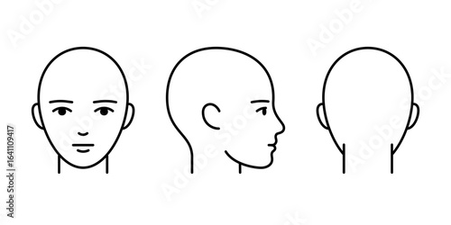 Head full face, profile and back line icon. Unisex head template without hair. Vector isolated illustration
