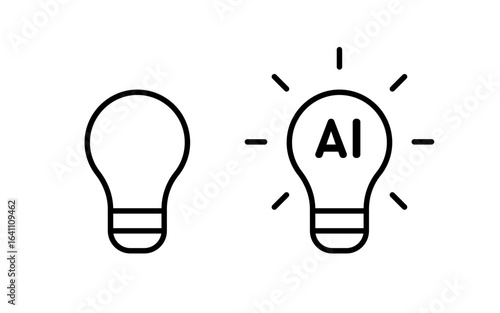 Artificial intelligence concept light bulb progress icon set. AI technology turning on from an idea to a bright thought. Vector outline illustration