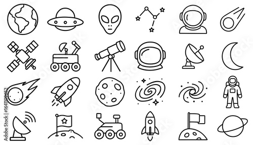 Outlined space elements collection showcasing exploration themes with celestial symbols and icons offering a variety of outer space and cosmic adventure themed designs