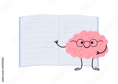 Cute child character brain with open book, notebook. Happy brain reading book. School education and knowledge testing. Vector cartoon illustration
