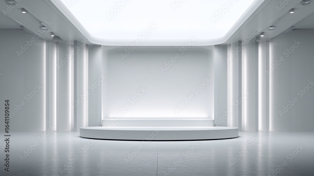Fototapeta premium Empty bright white stage with a seamless backdrop and soft, even lighting.