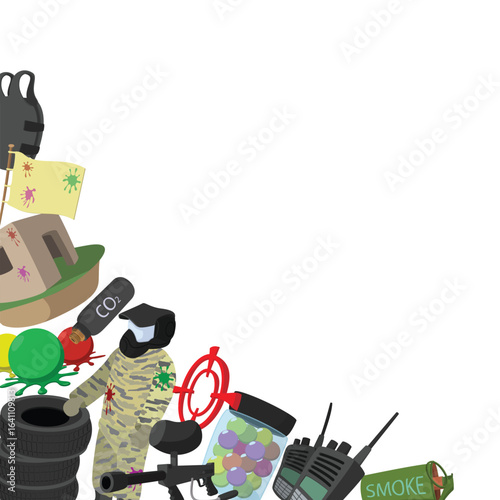 Paintball player wearing camouflage clothing and holding marker gun, surrounded by equipment and obstacles