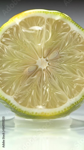 An ultra-sharp macro video of a vibrant lime wedge on a pure white reflective surface. A crystal-clear water droplet impacts its glistening green rind in ultra slow motion, creating a delicate