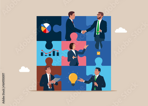 Puzzle pieces with different business people in each, discussing a project. Flat vector illustration