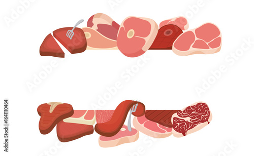 Raw and cooked meat cuts are presented, showcasing culinary diversity and preparation options