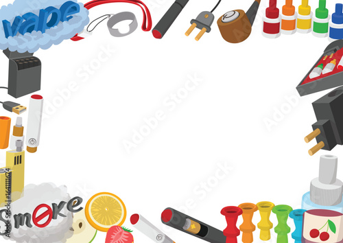 Colorful frame made of electronic cigarettes, chargers, fruity flavors and traditional pipes, with a central white copy space