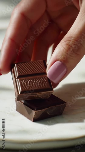 elegant, manicured hands slowly break a richly ribbed premium dark chocolate bar on a pristine white ceramic plate. soft, dappled morning light, shallow dof with bokeh. concept of quiet luxury and
