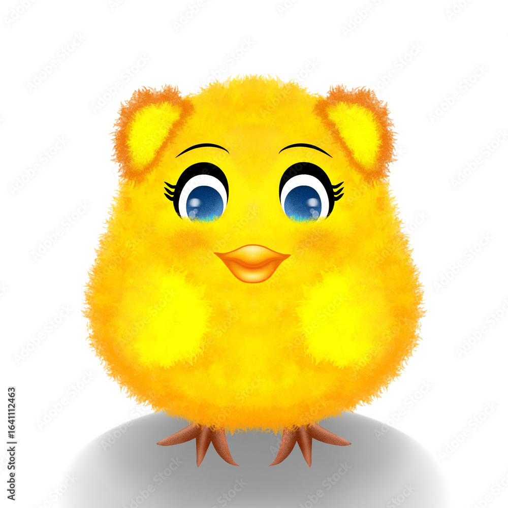 Obraz premium Cute Fluffy Yellow Chick with Big Eyes on White Background, Cartoon Spring Theme