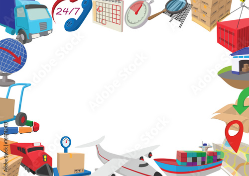 Cartoon style logistics icons creating a frame, representing worldwide delivery and shipping services available 247