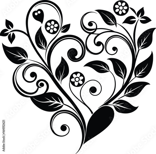 Vector art of elegant black floral heart design with swirling vines, leaves, and small flowers, isolated on a white background