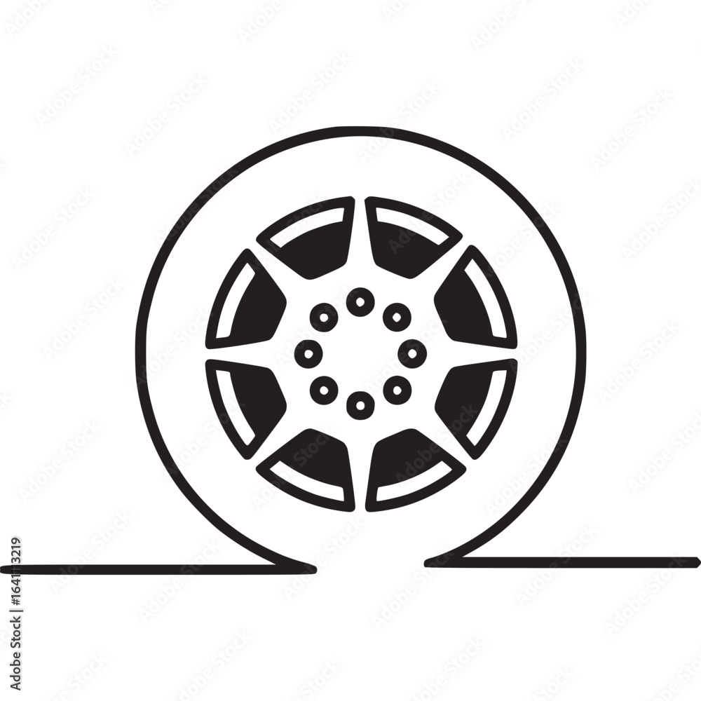 Fototapeta premium A minimalist line art illustration of a flat tire, isolated on white background, depicting a car wheel with a puncture, symbolizing vehicle breakdown and the need for repair