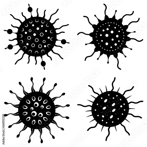 Four stylized black and white virus illustrations with spiky projections and circular internal patterns