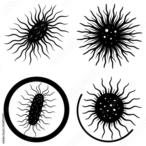 Illustration of four black and white microorganisms with spiky appendages and circular boundaries