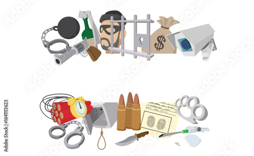 Crime scene investigation banner showing objects related to crime like weapons, explosives, money and drugs