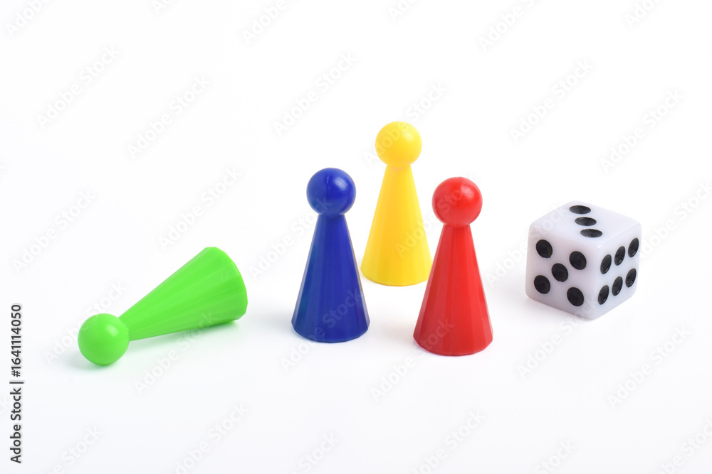 Obraz premium Playing pieces and dice isolated on white background