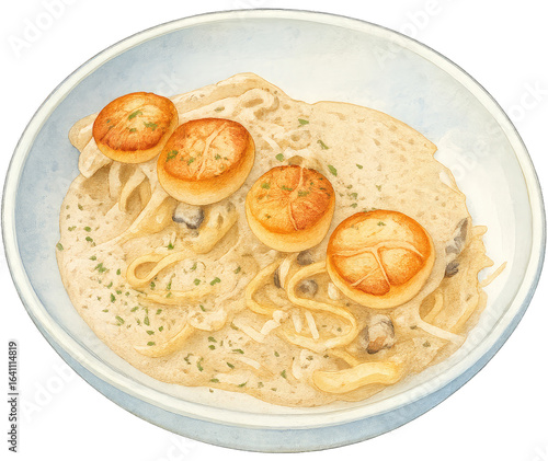 Watercolor Cream Pasta with Grilled Scallops – Italian Seafood Dish Illustration