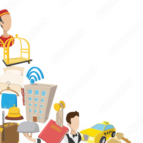 Cartoon style icons representing various hotel amenities and services create a welcoming image
