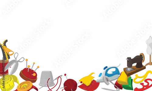 Sewing tools and accessories forming a colorful border on a white background, ideal for tailoring and fashion design projects
