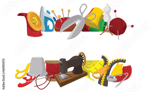 Sewing accessories are forming two horizontal banners featuring tools for dressmaking, tailoring, and needlework