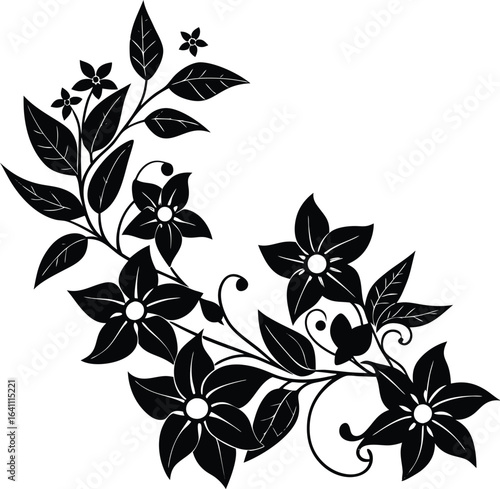 Vector art of a decorative black floral design with leaves and small flowers, isolated on a white background
