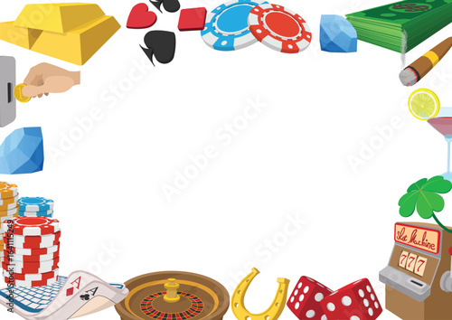 Casino frame border featuring playing cards, chips, dice, gold bars, money, drinks, and a slot machine, creating a vibrant gambling theme