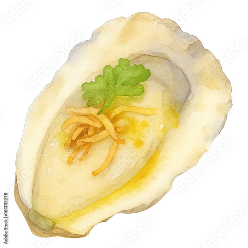Watercolor Fresh Oyster with Garlic and Herb – Seafood Illustration