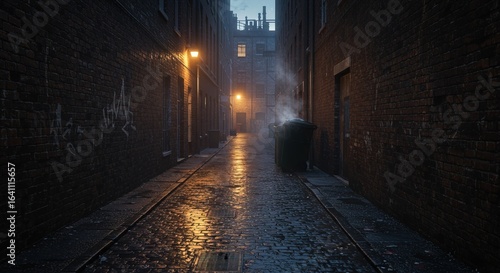 Dark alleyway with wet cobblestone street reflecting light, perfect for crime or noir scenes