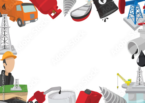 Cartoon oil industry related icons frame surrounding white background with space for text