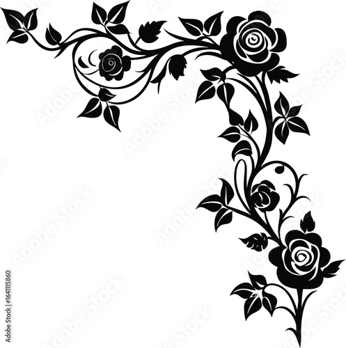 Vector art of elegant black rose floral vine decoration with swirling leaves and petals, isolated on white background for vintage design elements and romantic motifs