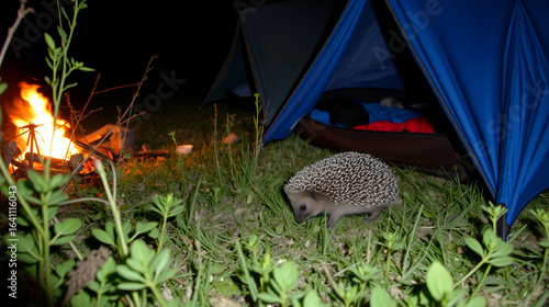 Hedgehog snuffling in the bushes near the tents, foraging for food as it scurries through the undergrowth, oblivious to the campfire glow