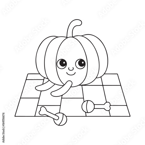 Cartoon pumpkin character playing checkers on a checkered board vector illustration
