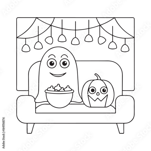 Friendly cartoon ghost and pumpkin sitting on a couch watching a movie with popcorn cute character