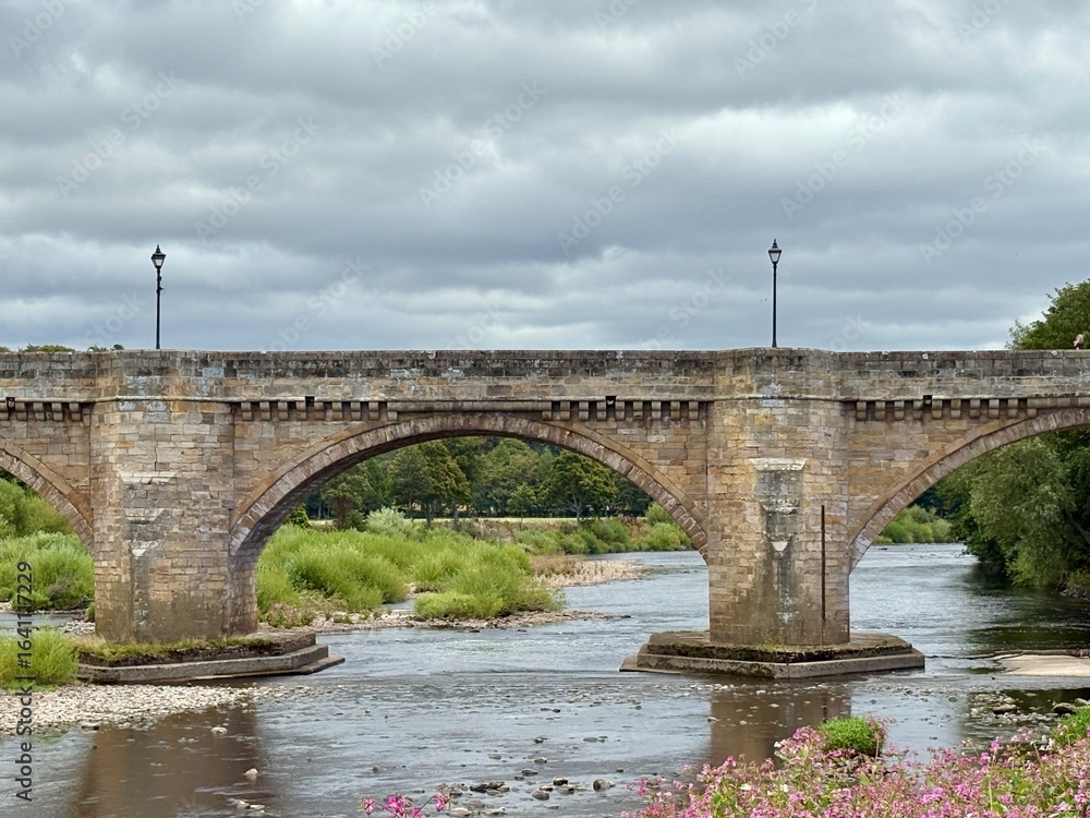 Fototapeta premium A historic stone bridge spans a calm river beneath a cloudy sky, with wildflowers blooming in the foreground. This picturesque scene blends architecture and nature in a peaceful countryside setting.