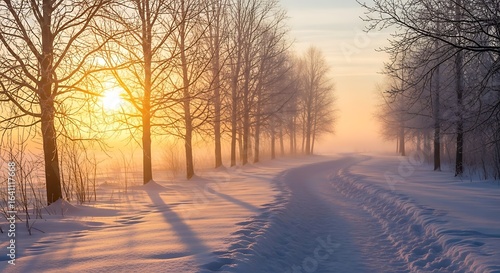 Photo of the sun rises over a snow covered road lined with trees in the winter